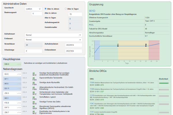 Capture d'écran de la vue d'un cas individuel de codage SwissDRG - Logiciel Casematch - Eonum